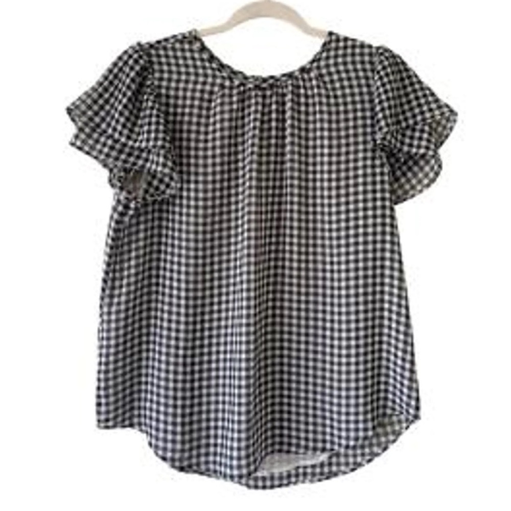 Ann Taylor Black & White Gingham Pleated Flutter Sleeve Top